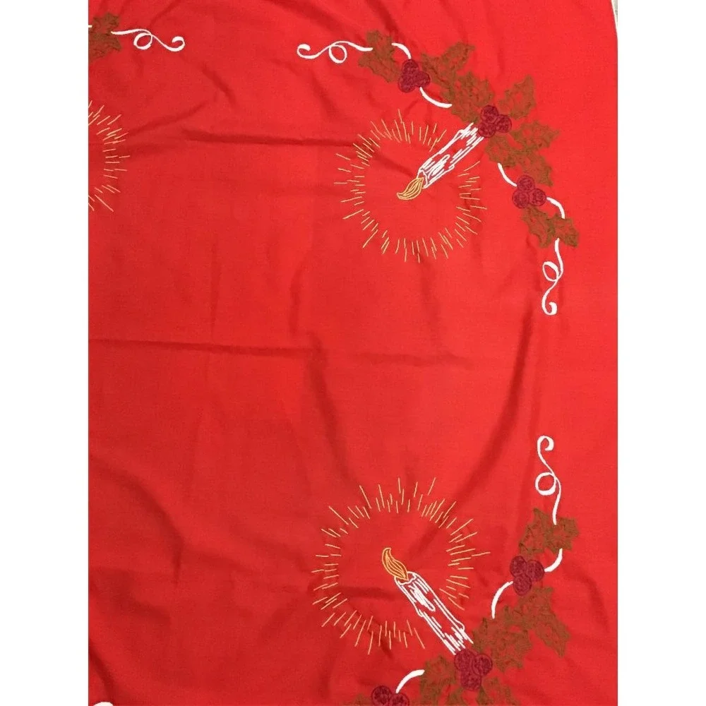 VTG 50's Christmas Tablecloth Red Embroidered Candles Holly 42x42 MCM Whimsical